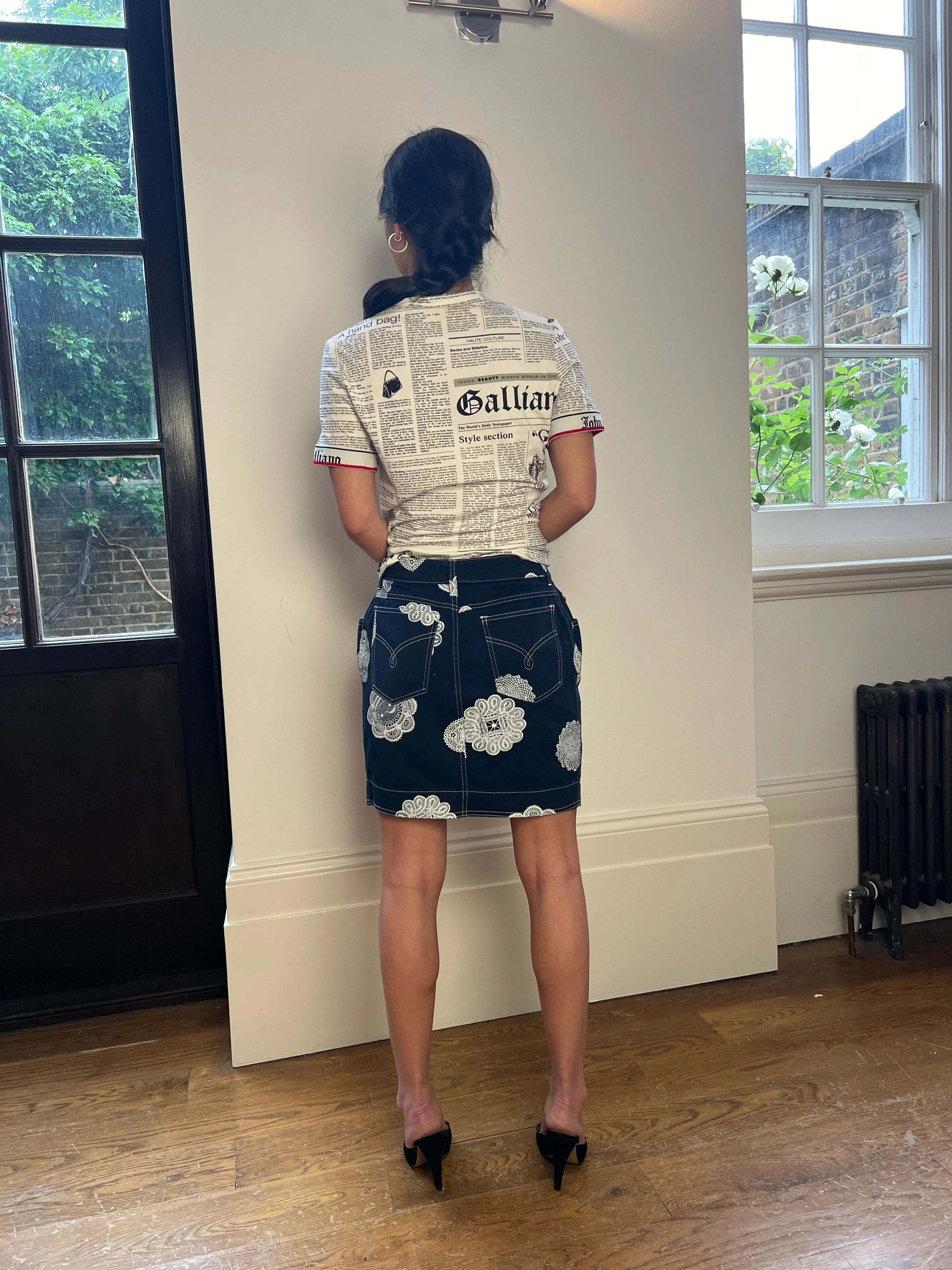 1990s Moschino Denim and Doily Novelty Print Mini Skirt