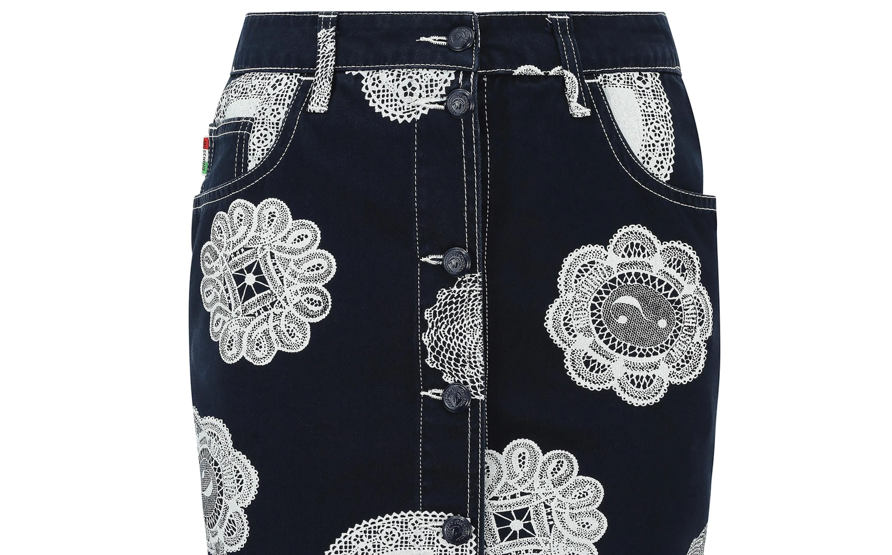 1990s Moschino Denim and Doily Novelty Print Mini Skirt