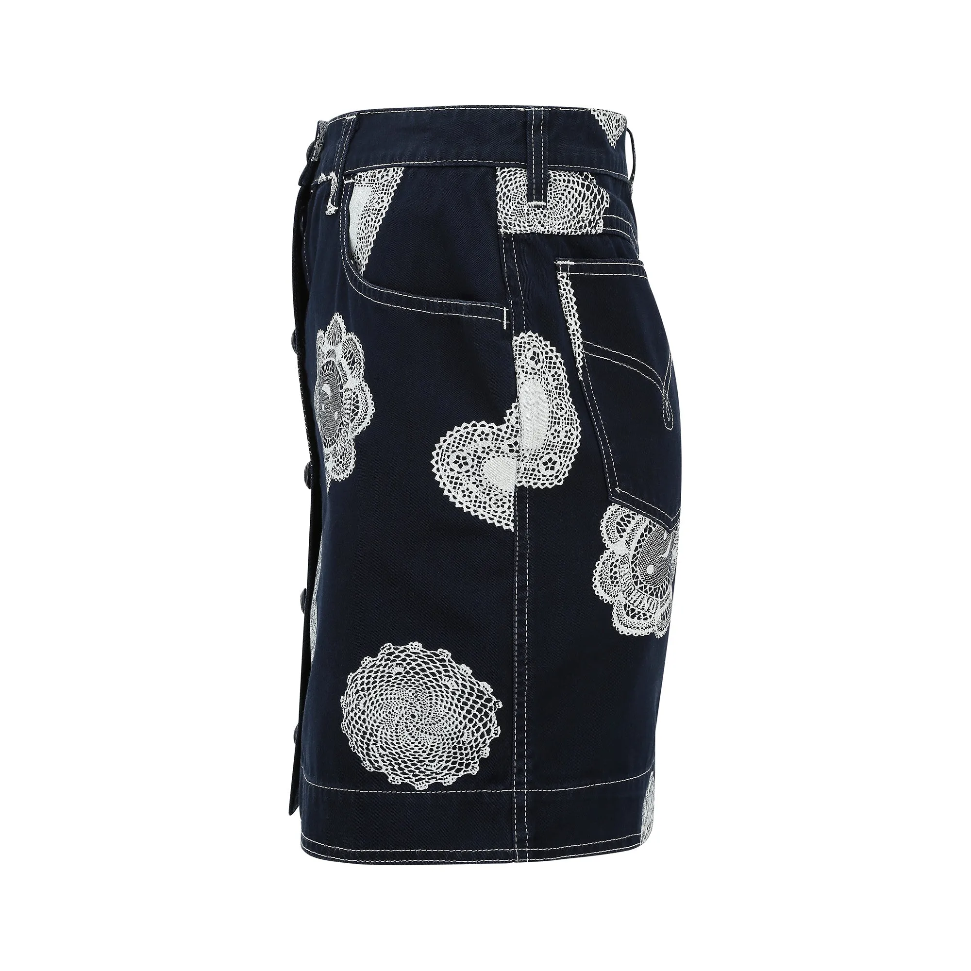 1990s Moschino Denim and Doily Novelty Print Mini Skirt