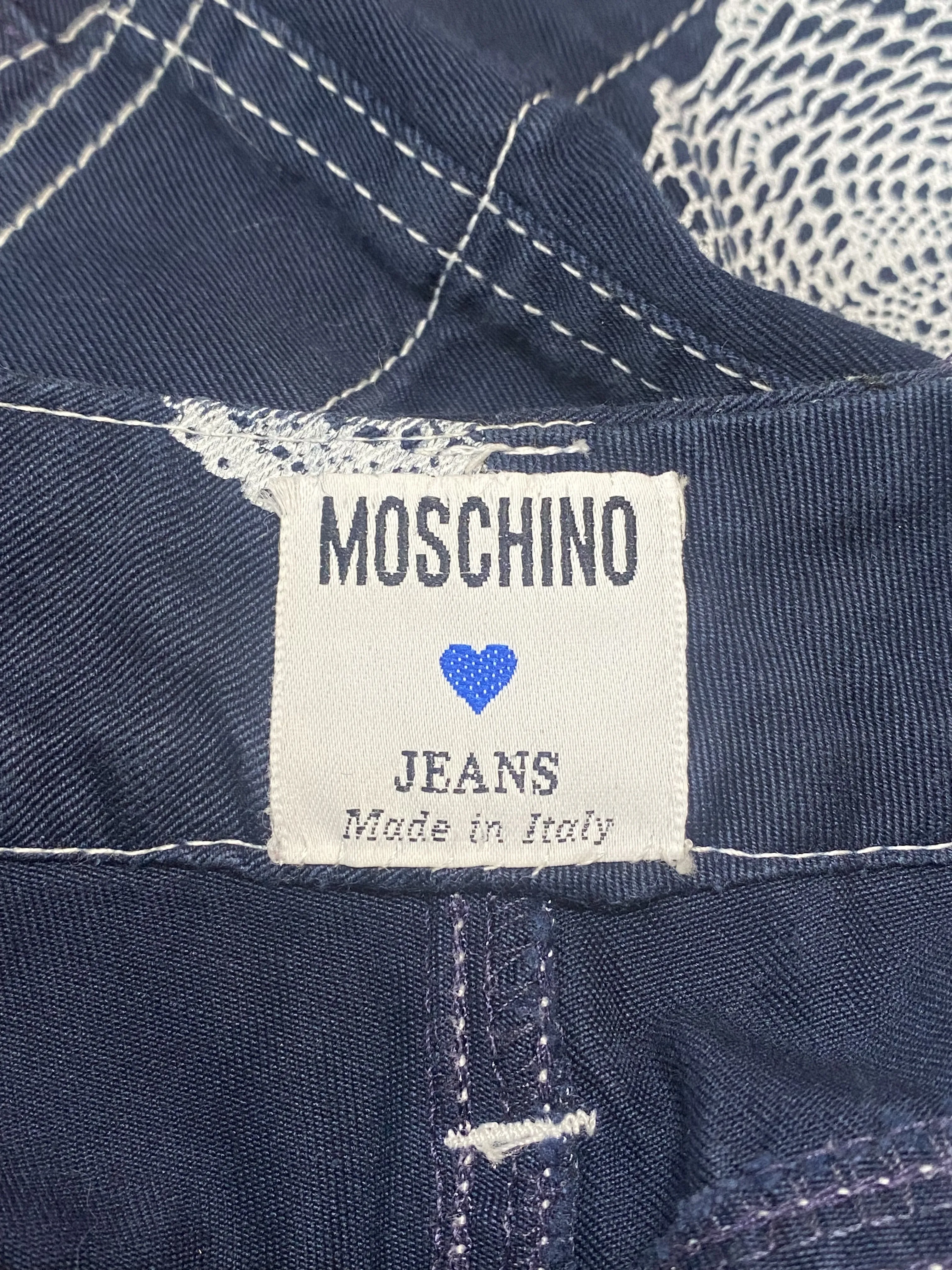 1990s Moschino Denim and Doily Novelty Print Mini Skirt