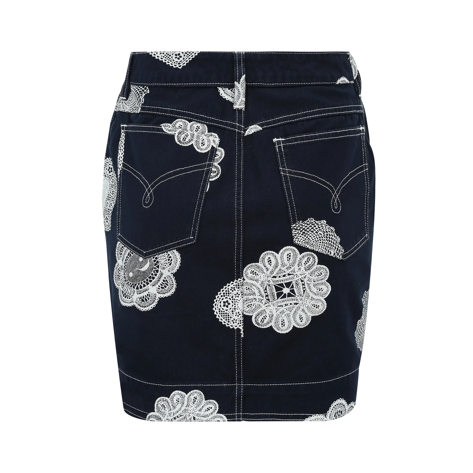 1990s Moschino Denim and Doily Novelty Print Mini Skirt