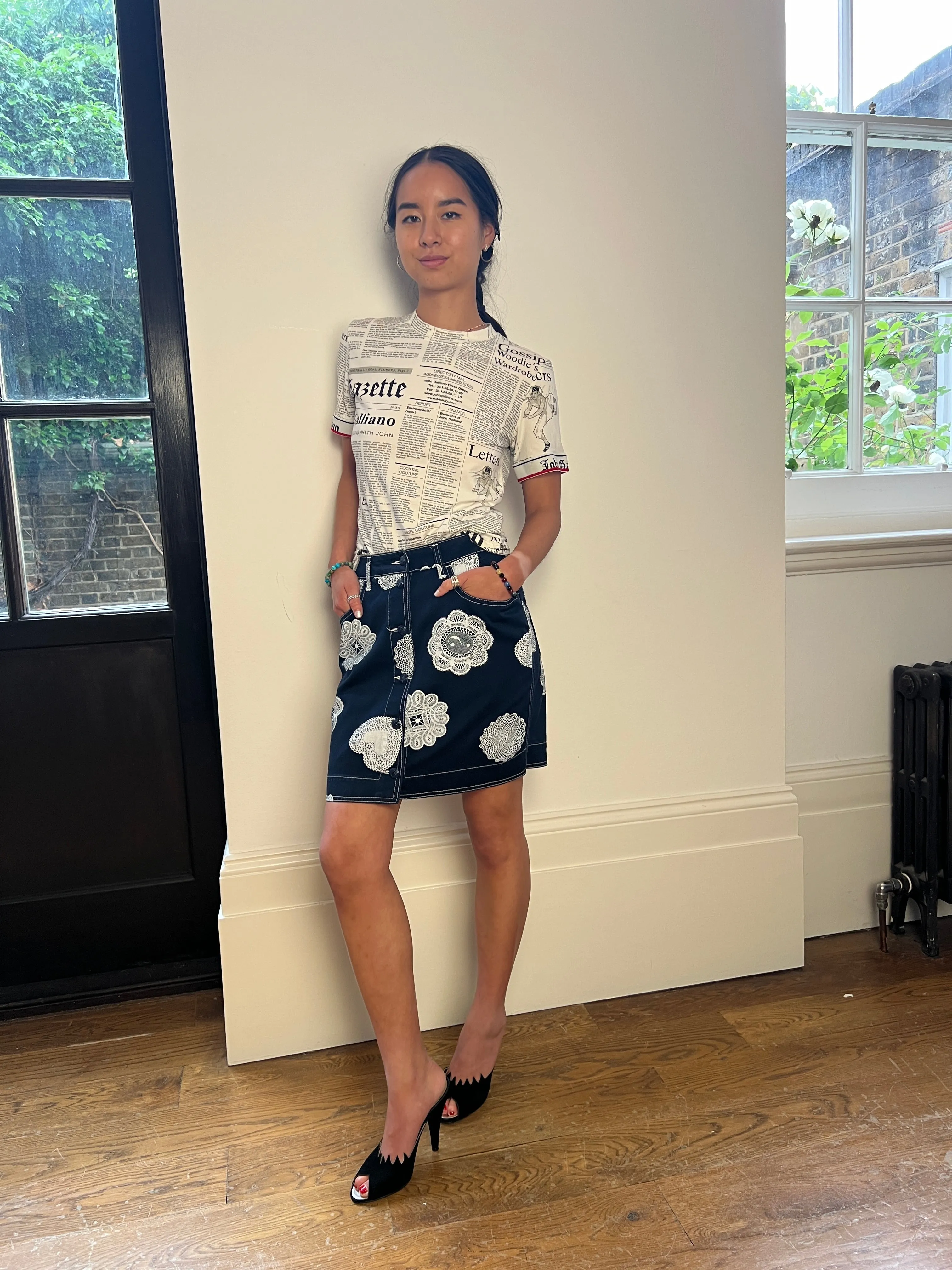 1990s Moschino Denim and Doily Novelty Print Mini Skirt