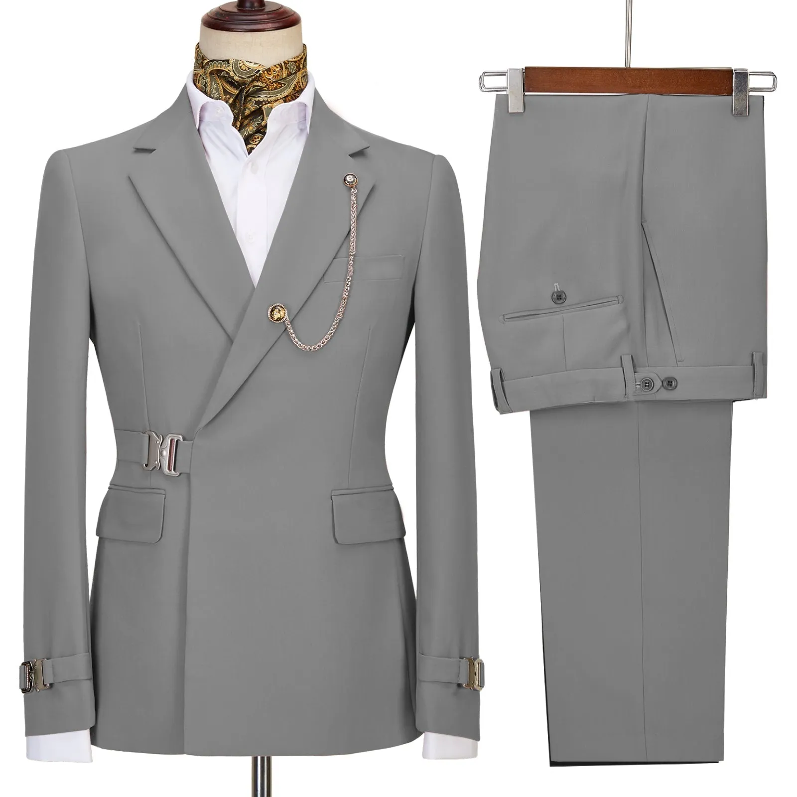 2 Piece Men's Suit with Metal Clasp Slim Fit Suit Stylish Tuxedo Suit Set (Blazer Pants)