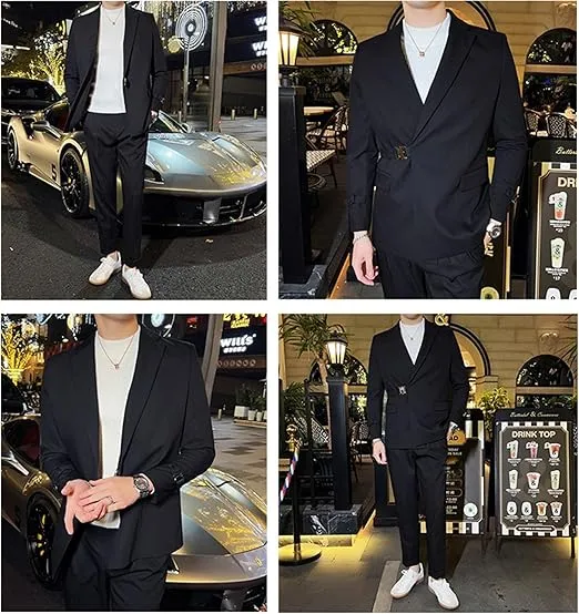 2 Piece Men's Suit with Metal Clasp Slim Fit Suit Stylish Tuxedo Suit Set (Blazer Pants)