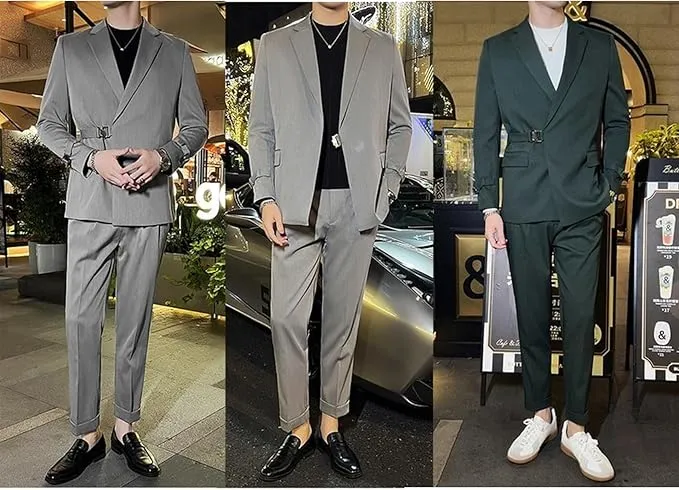 2 Piece Men's Suit with Metal Clasp Slim Fit Suit Stylish Tuxedo Suit Set (Blazer Pants)