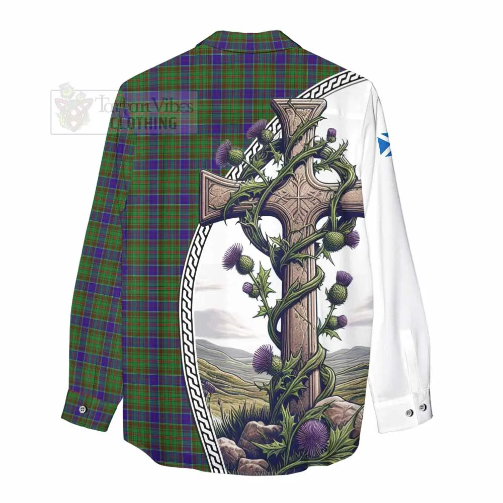 Adam Tartan Women's Casual Shirt with Family Crest and St. Andrew's Cross Accented by Thistle Vines