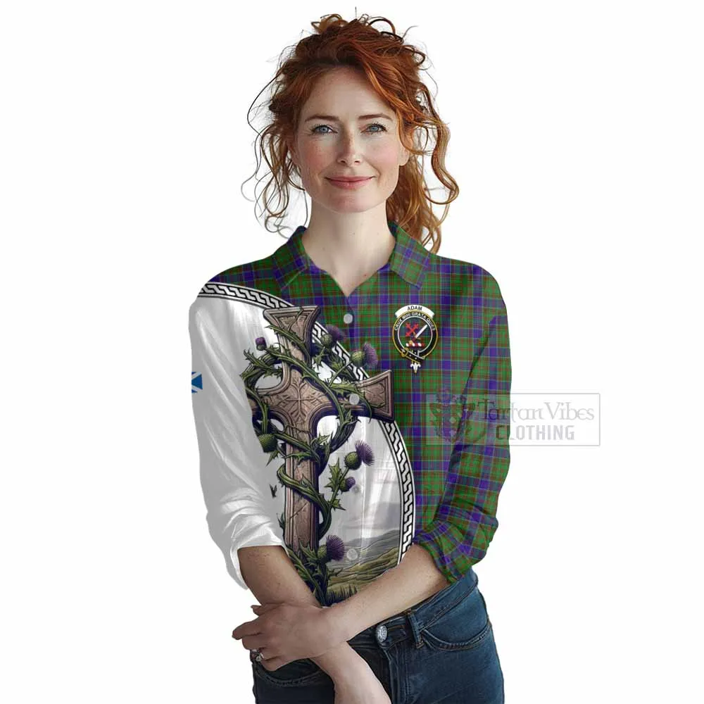Adam Tartan Women's Casual Shirt with Family Crest and St. Andrew's Cross Accented by Thistle Vines