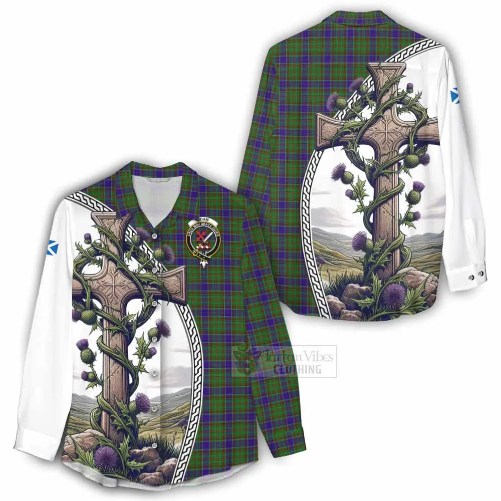 Adam Tartan Women's Casual Shirt with Family Crest and St. Andrew's Cross Accented by Thistle Vines