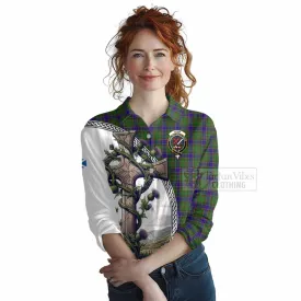 Adam Tartan Women's Casual Shirt with Family Crest and St. Andrew's Cross Accented by Thistle Vines