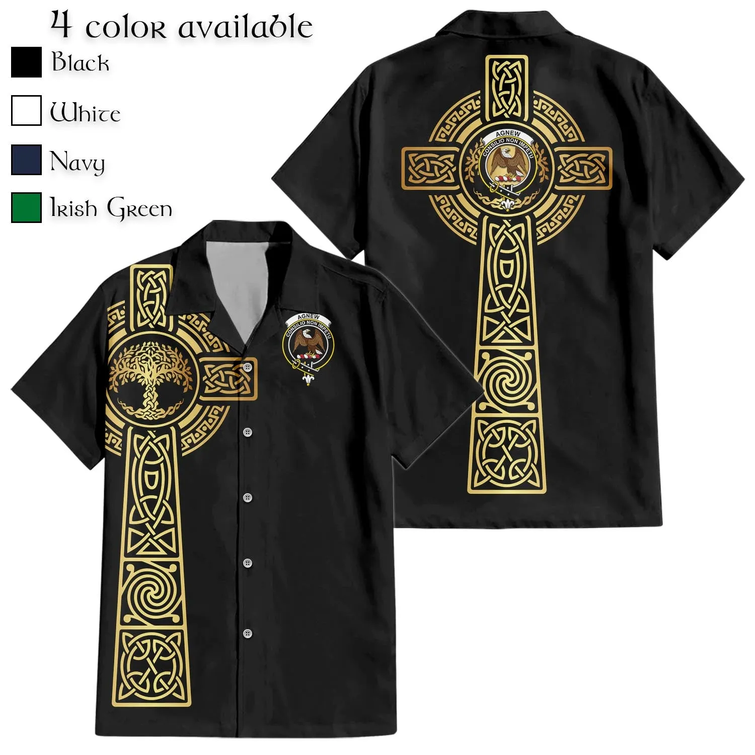 Agnew Clan Mens Short Sleeve Button Up Shirt with Golden Celtic Tree Of Life