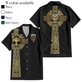 Agnew Clan Mens Short Sleeve Button Up Shirt with Golden Celtic Tree Of Life