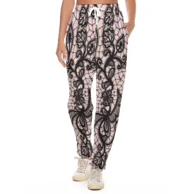 All-Over Print Women's Casual Pants 231 pink and black lace print