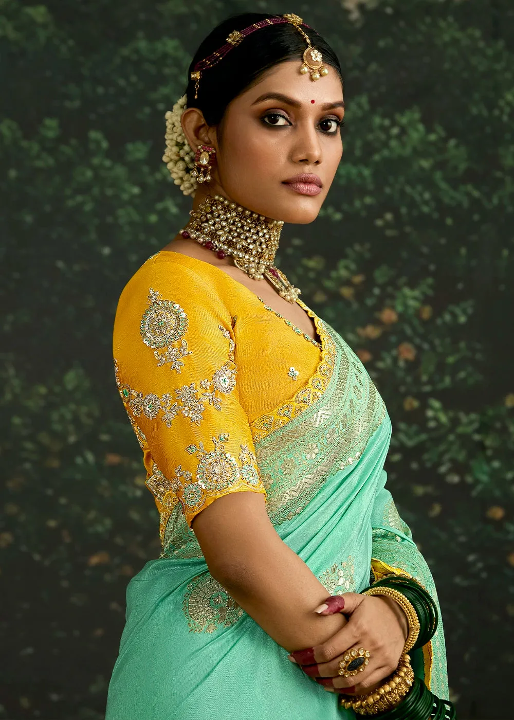 Aquamarine Blue Zari Woven Dola Silk Saree with Embroidery Detailing