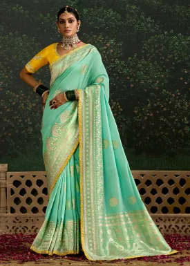 Aquamarine Blue Zari Woven Dola Silk Saree with Embroidery Detailing