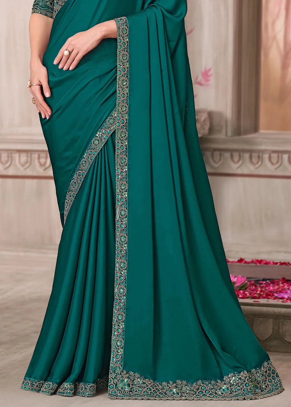 Arabian Green Satin Silk Saree With Detailed Embroidery And Luxe Appeal