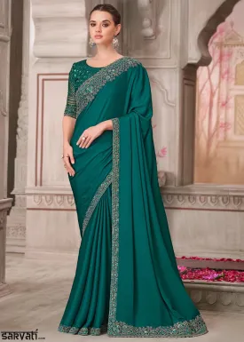 Arabian Green Satin Silk Saree With Detailed Embroidery And Luxe Appeal