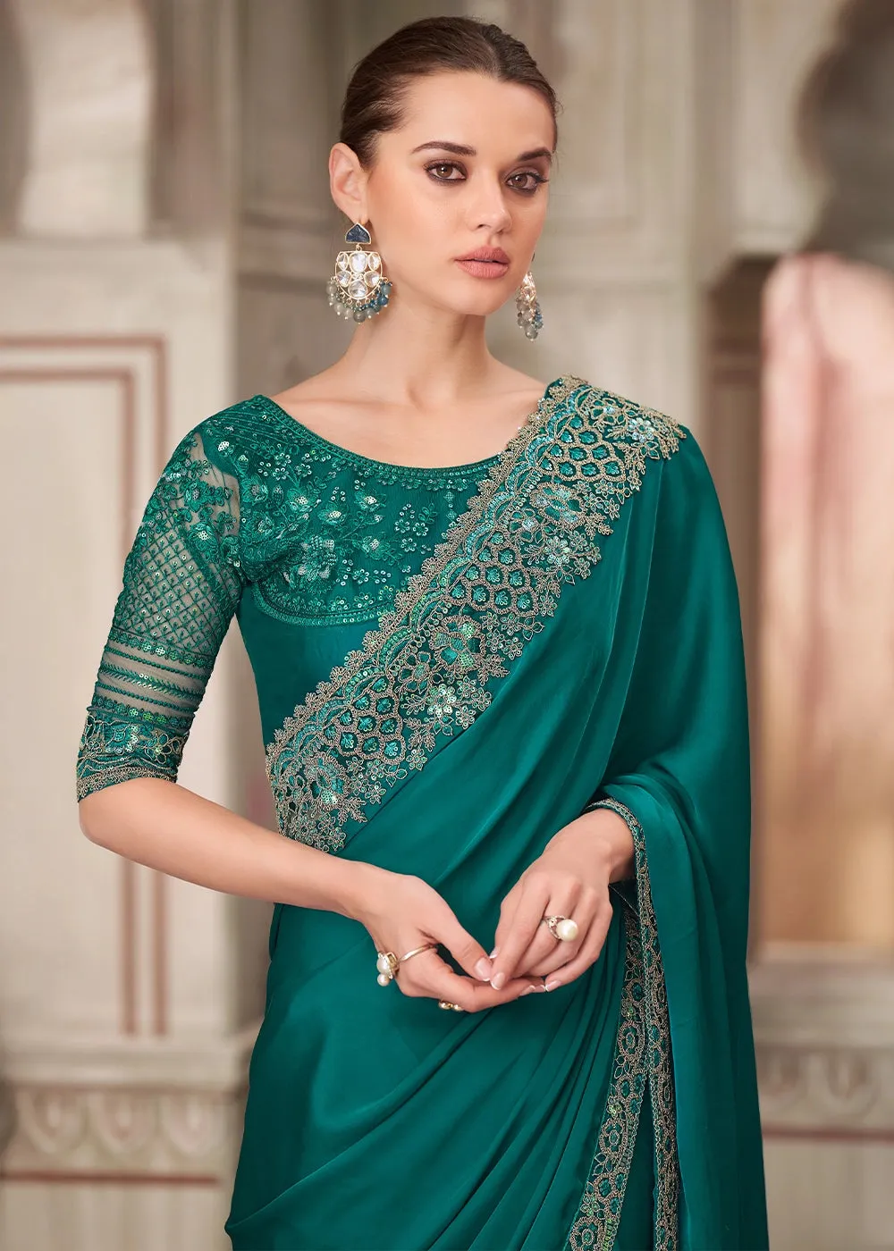 Arabian Green Satin Silk Saree With Detailed Embroidery And Luxe Appeal