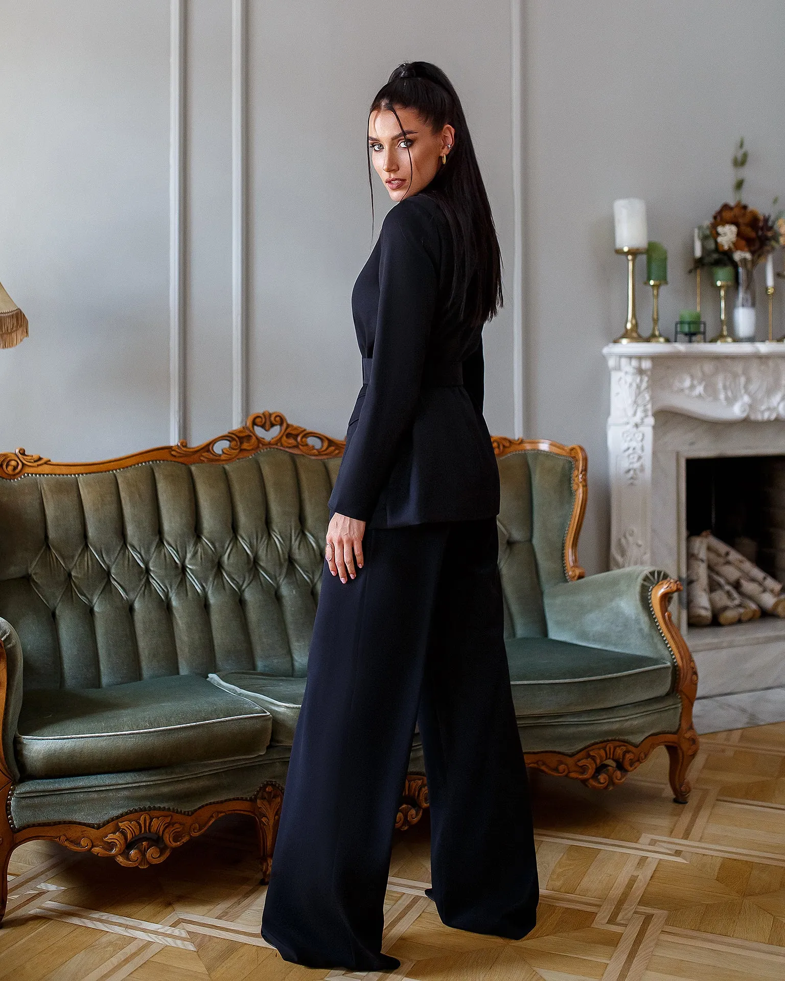 Black Belted Wide-Leg Suit 2-Piece
