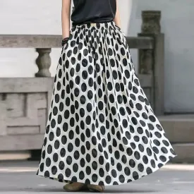 Black Polka Dot A-Line Cotton Skirt with Elastic Waist