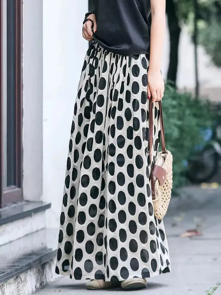 Black Polka Dot A-Line Cotton Skirt with Elastic Waist