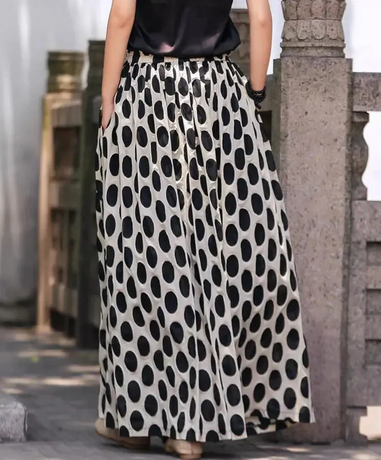 Black Polka Dot A-Line Cotton Skirt with Elastic Waist