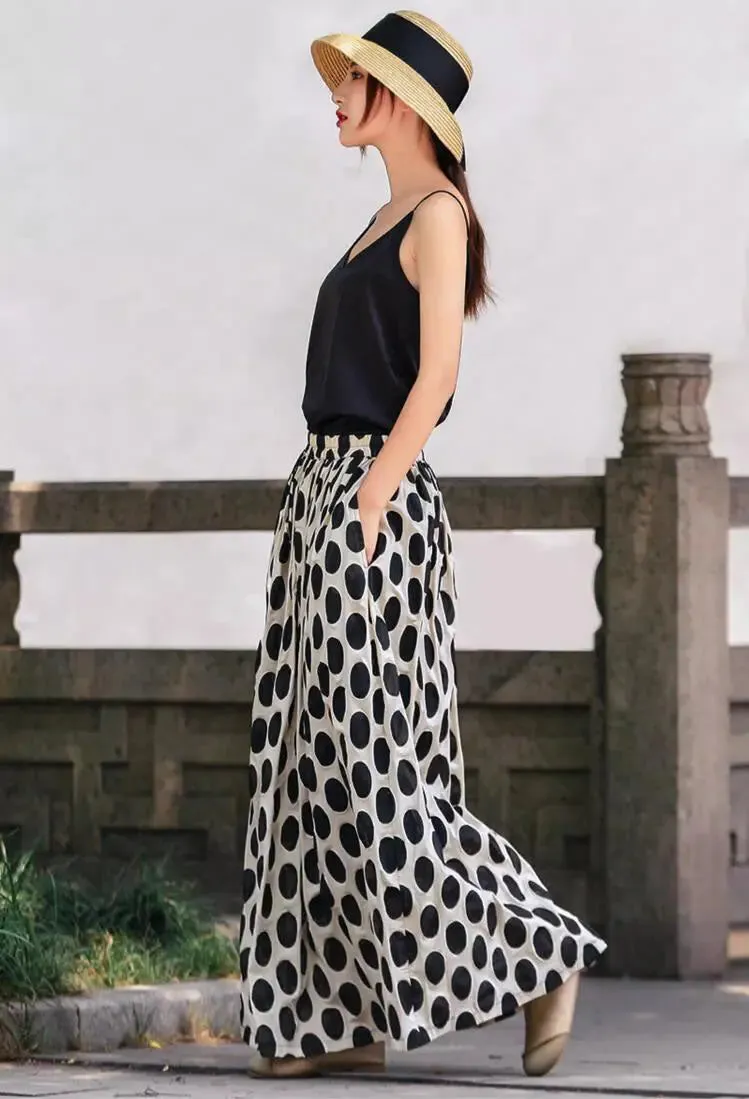 Black Polka Dot A-Line Cotton Skirt with Elastic Waist