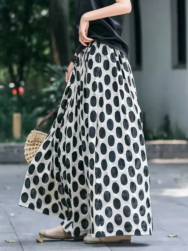 Black Polka Dot A-Line Cotton Skirt with Elastic Waist