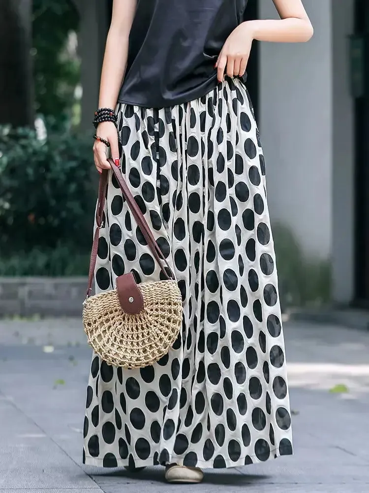 Black Polka Dot A-Line Cotton Skirt with Elastic Waist