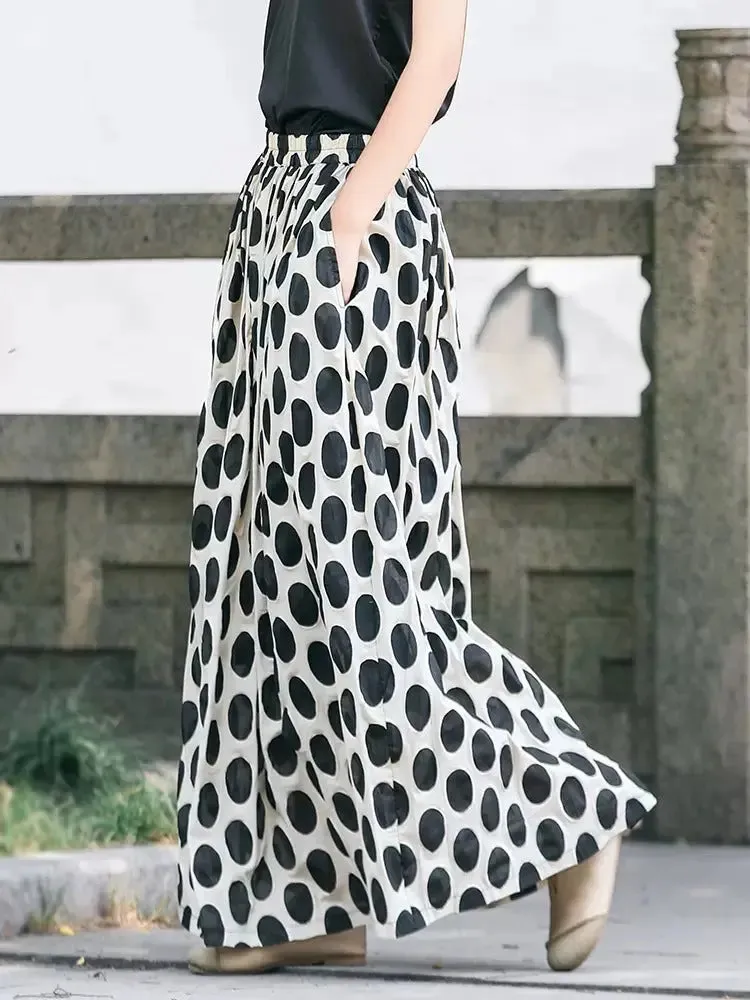 Black Polka Dot A-Line Cotton Skirt with Elastic Waist