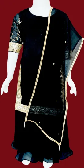 Black Pure Chinon with Golden Embroidery Garara or Sharara Suit with Dupatta, Ethnic Kids wear 15AL23SU60