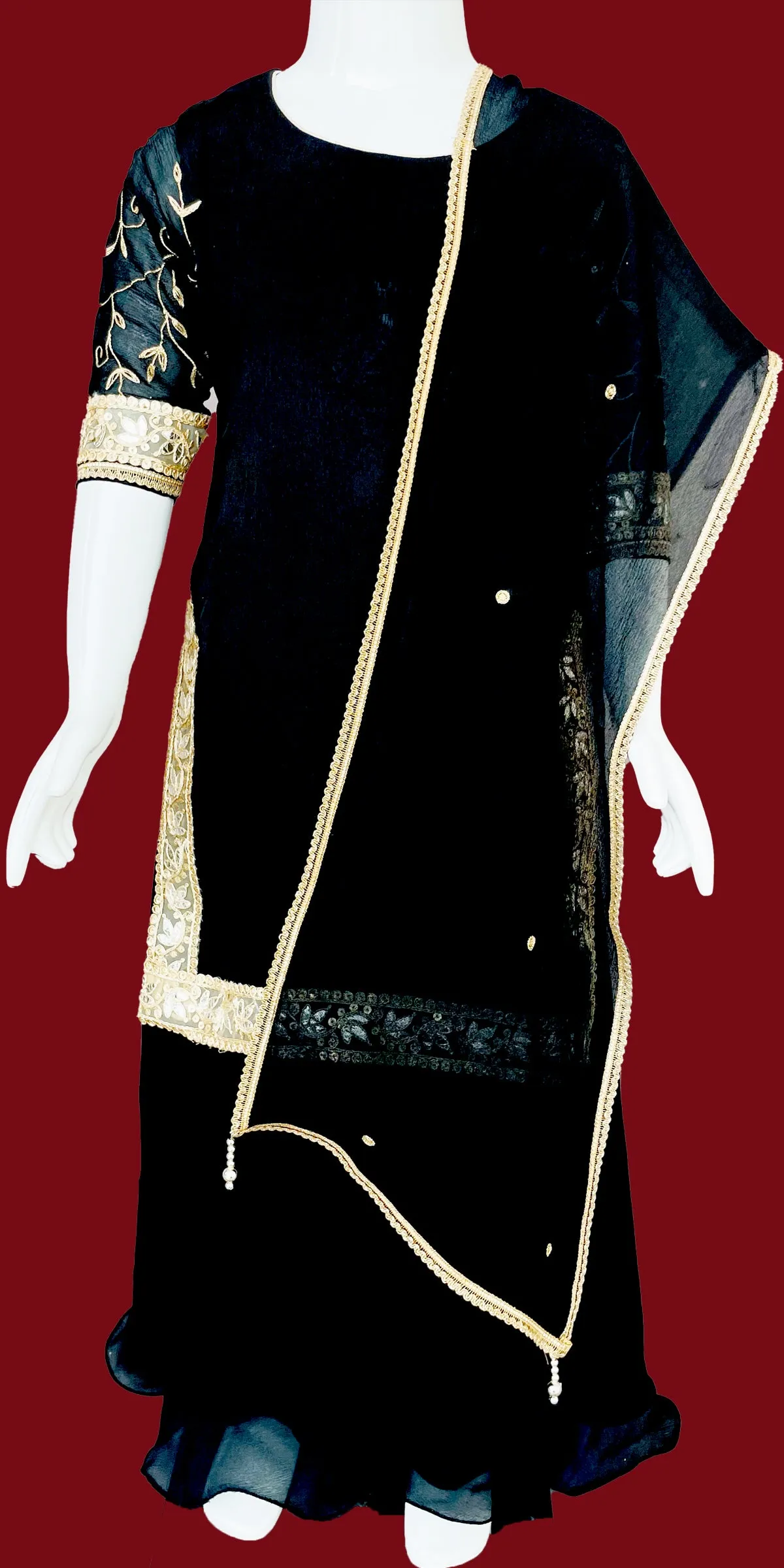 Black Pure Chinon with Golden Embroidery Garara or Sharara Suit with Dupatta, Ethnic Kids wear 15AL23SU60