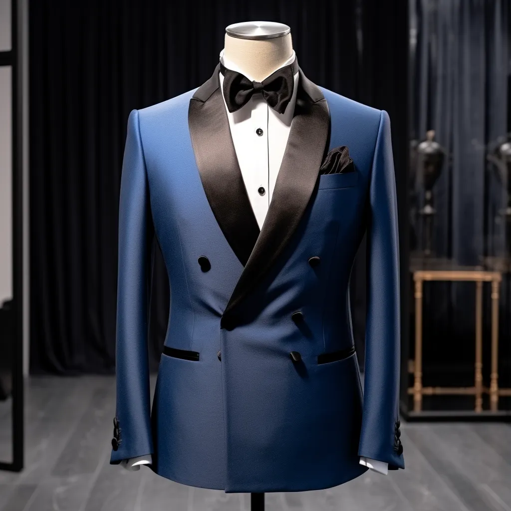 Blue Double Breasted Tuxedo with Black Satin Lapels - The Ultimate Wedding and Business Suit for Men