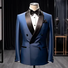 Blue Double Breasted Tuxedo with Black Satin Lapels - The Ultimate Wedding and Business Suit for Men