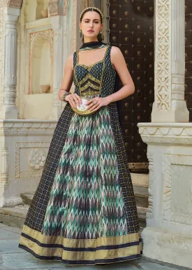 Blue Hued Printed Silk Anarkali Gown Adorned with Embroidery