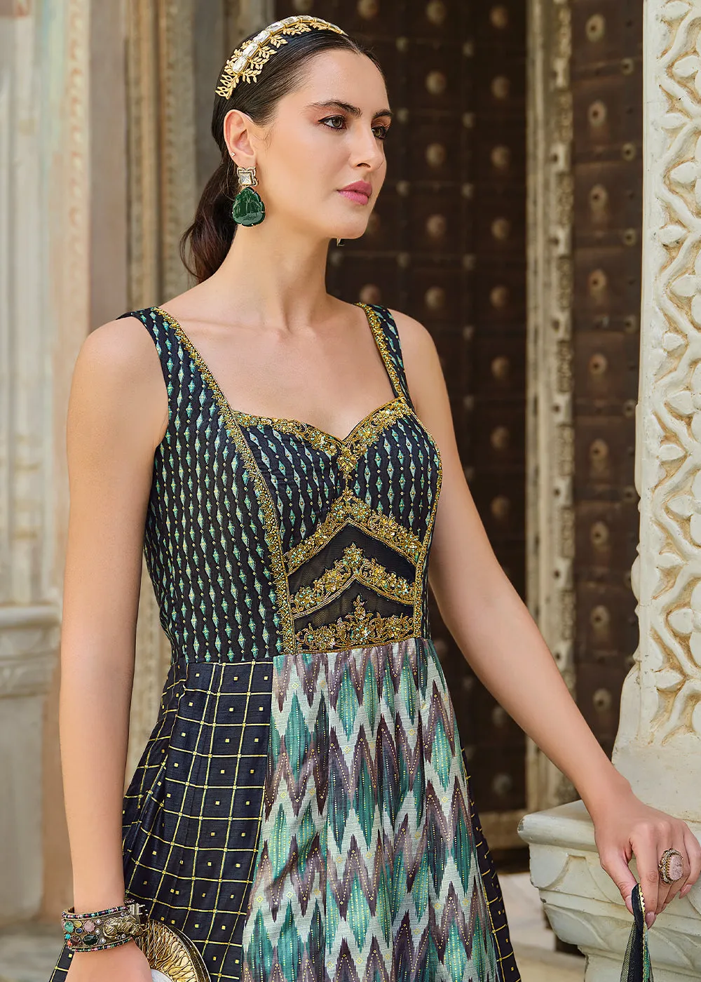 Blue Hued Printed Silk Anarkali Gown Adorned with Embroidery