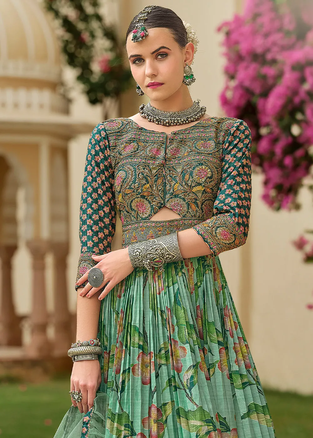 Blueish Green Floral Printed Silk Anarkali Gown Adorned with Embroidery