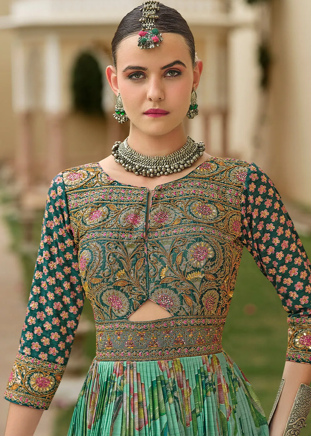 Blueish Green Floral Printed Silk Anarkali Gown Adorned with Embroidery