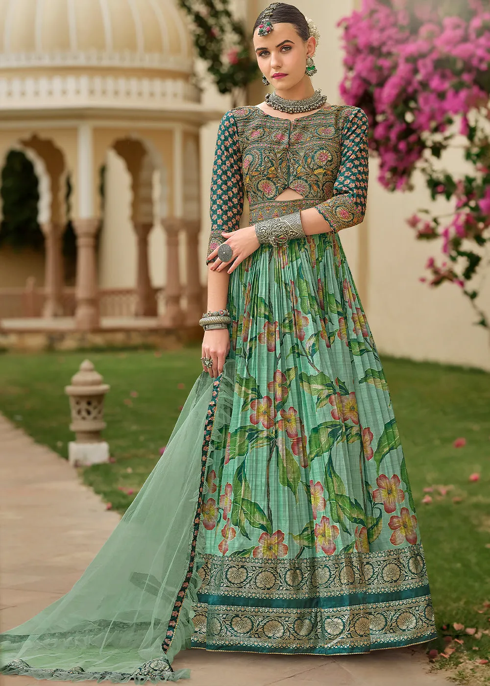 Blueish Green Floral Printed Silk Anarkali Gown Adorned with Embroidery