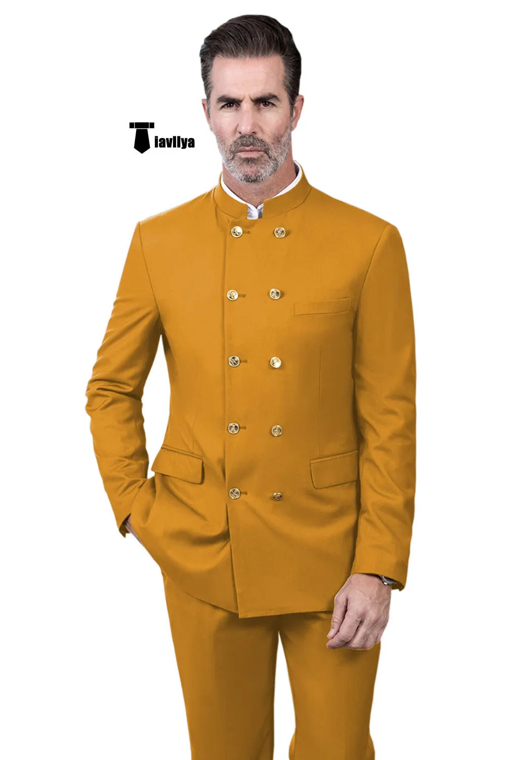 Classic 2 Piece Men's Slim Fit Stand Collar Suit (Blazer Pants）