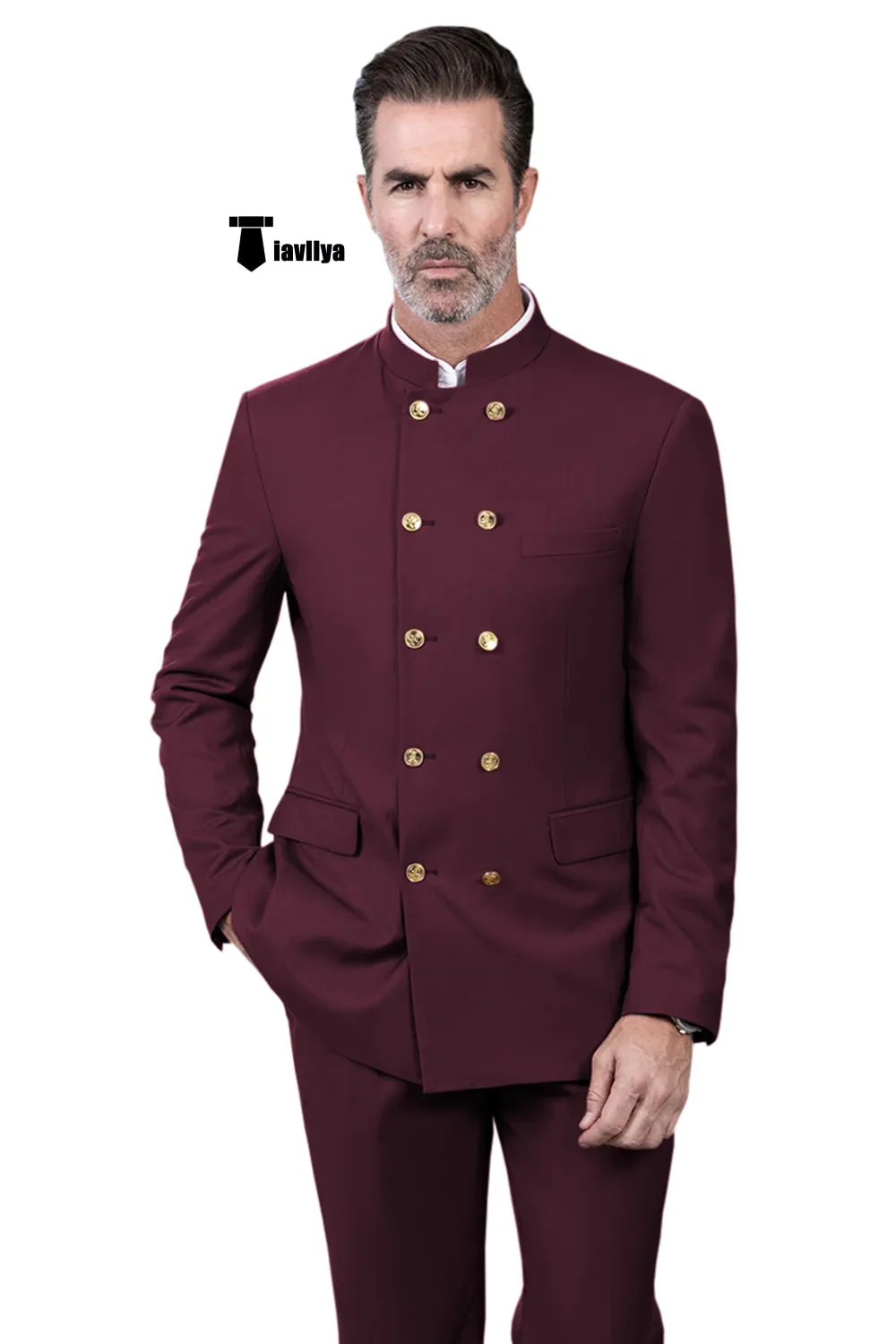 Classic 2 Piece Men's Slim Fit Stand Collar Suit (Blazer Pants）