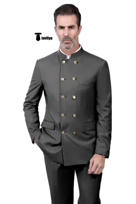Classic 2 Piece Men's Slim Fit Stand Collar Suit (Blazer Pants）