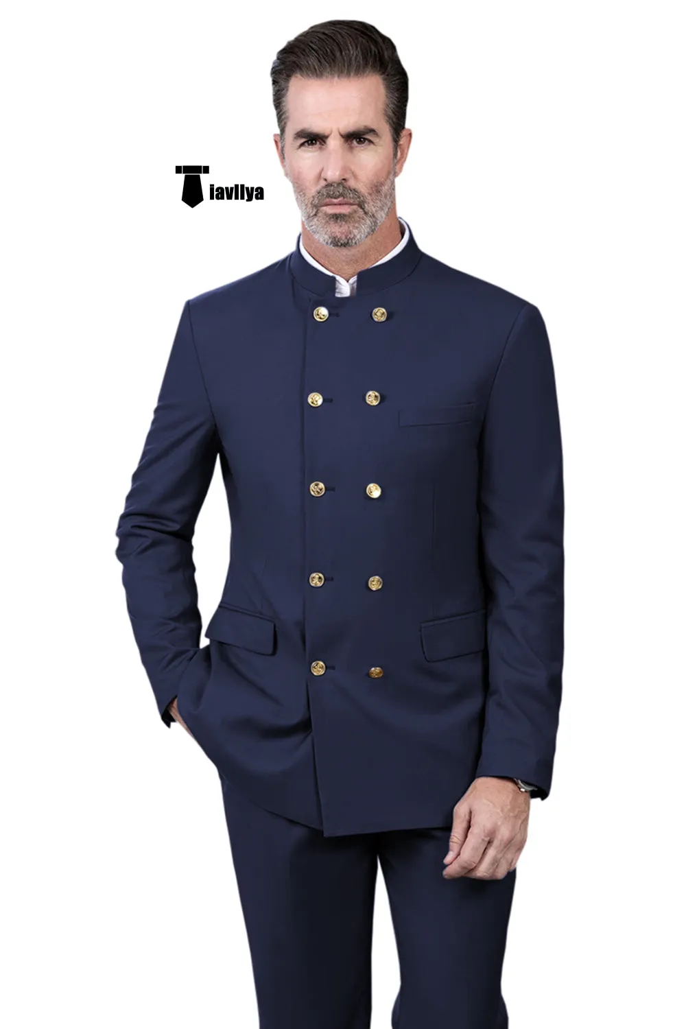 Classic 2 Piece Men's Slim Fit Stand Collar Suit (Blazer Pants）