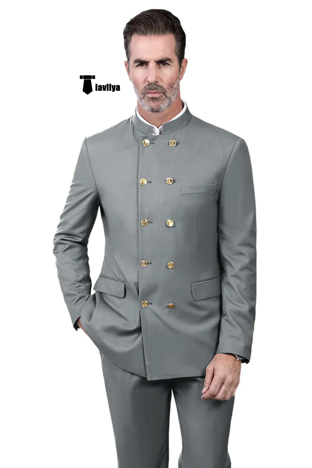 Classic 2 Piece Men's Slim Fit Stand Collar Suit (Blazer Pants）