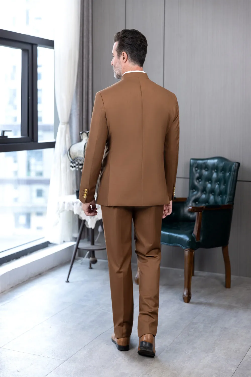 Classic 2 Piece Men's Slim Fit Stand Collar Suit (Blazer Pants）