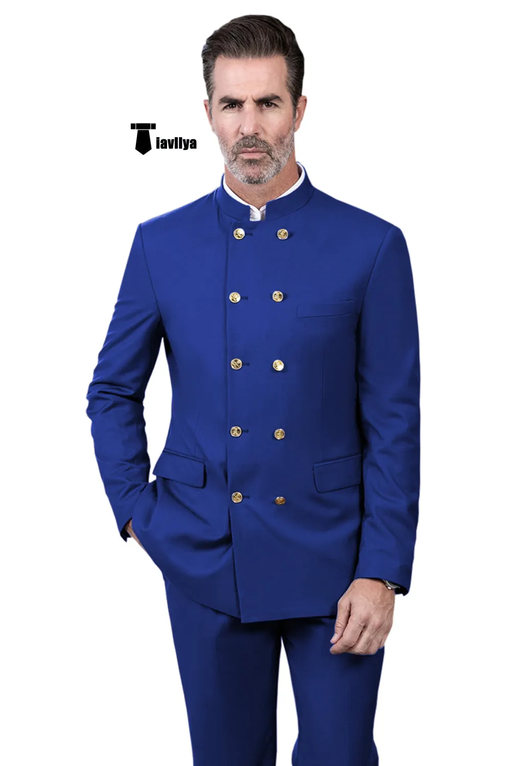 Classic 2 Piece Men's Slim Fit Stand Collar Suit (Blazer Pants）