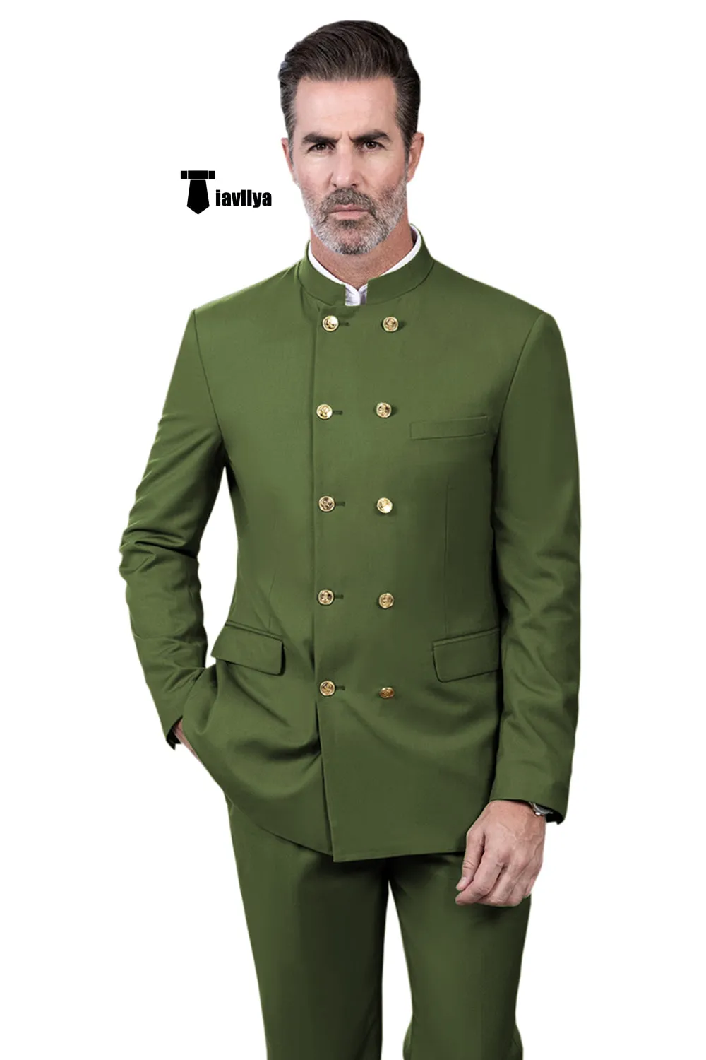 Classic 2 Piece Men's Slim Fit Stand Collar Suit (Blazer Pants）