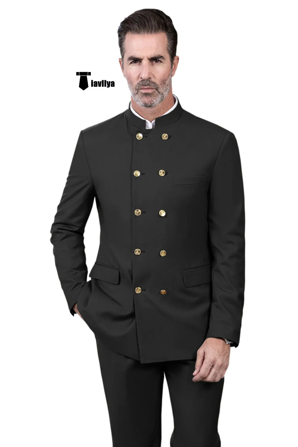 Classic 2 Piece Men's Slim Fit Stand Collar Suit (Blazer Pants）