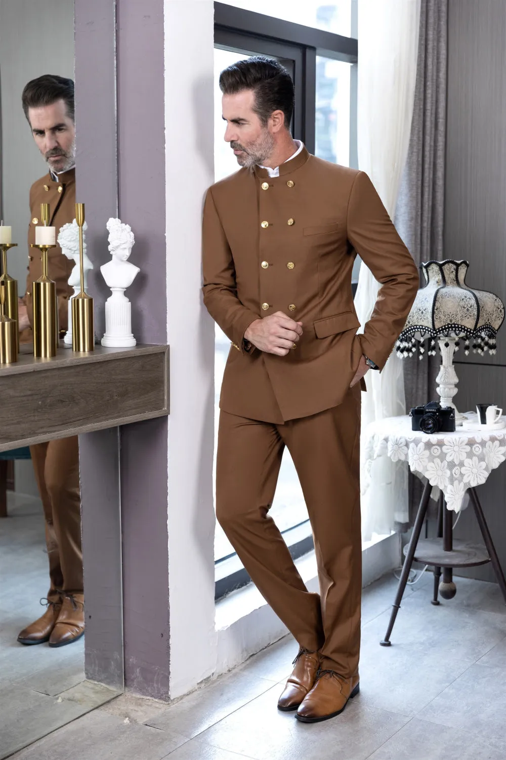 Classic 2 Piece Men's Slim Fit Stand Collar Suit (Blazer Pants）