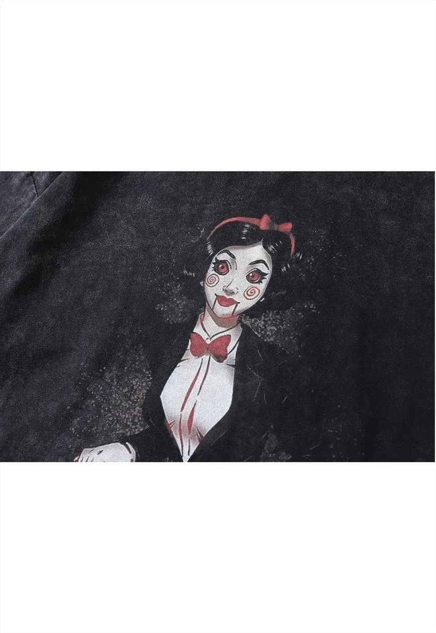 Creepy doll  t-shirt vintage wash horror movie long tee grey