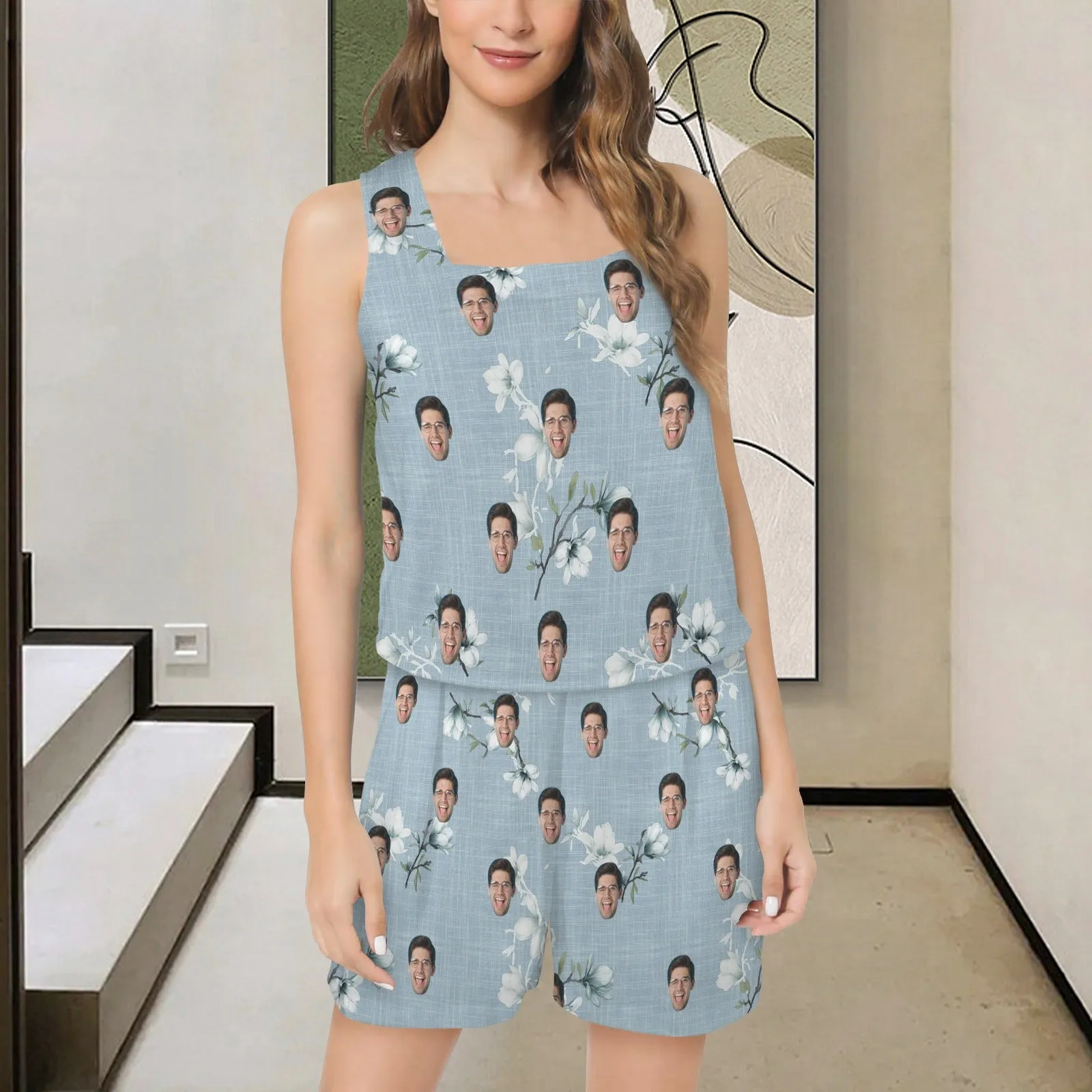 Custom Face Blue Womens 2 Piece Pajama Set Sleeveless Square Neck Pocket Loungewear